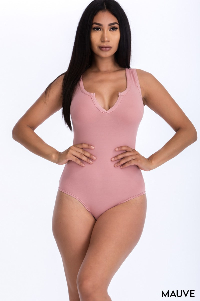Split Neckline Solid Bodysuit Top