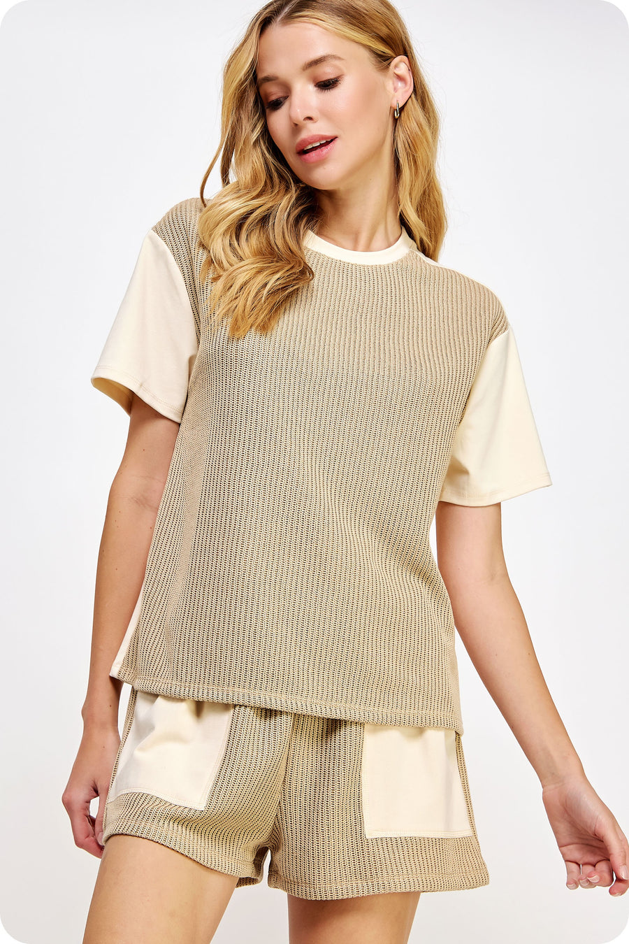 Mixed Media Short Sleeve Knit Tee Top