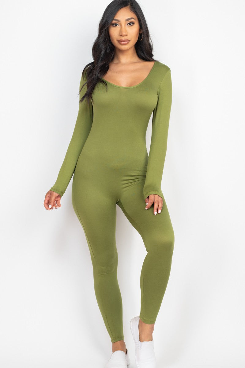 Scoop Neck Long Sleeve Bodycon Yoga Jumpsuit