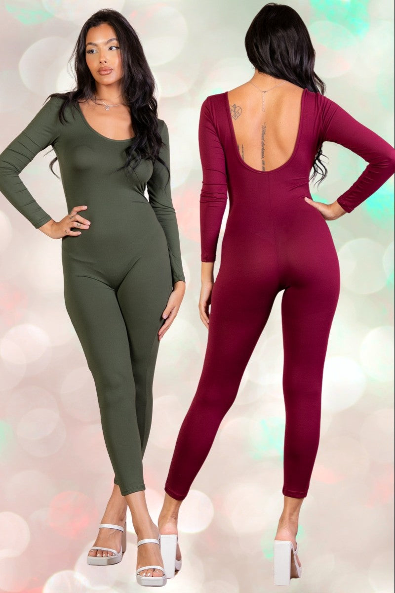 Scoop Neck Long Sleeve Bodycon Yoga Jumpsuit