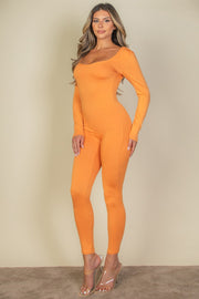 Scoop Neck Long Sleeve Bodycon Yoga Jumpsuit