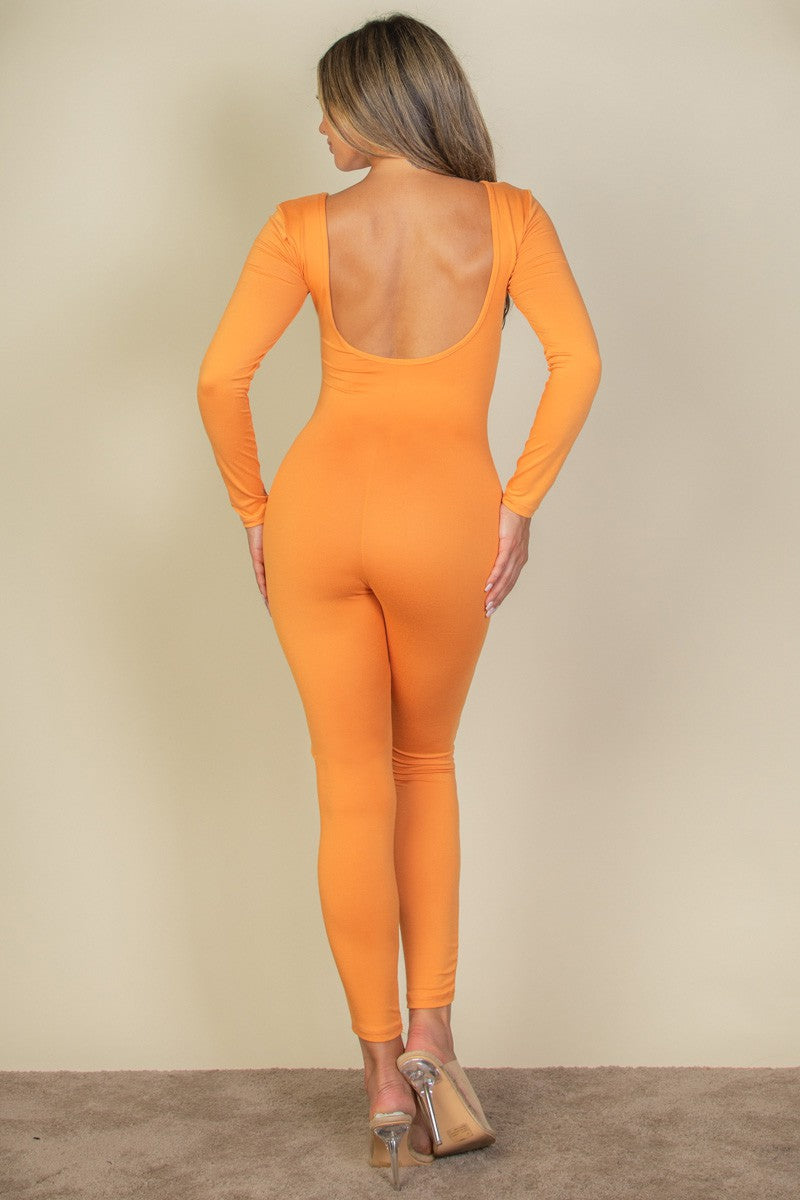 Scoop Neck Long Sleeve Bodycon Yoga Jumpsuit