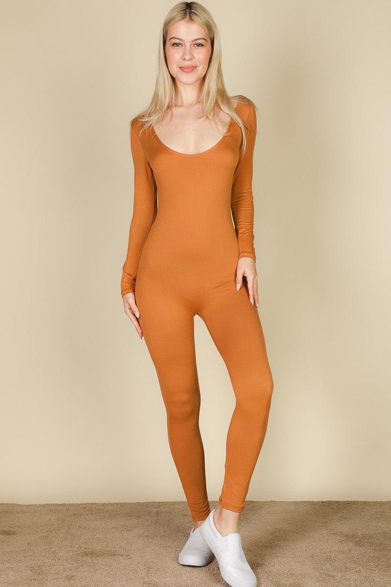 Scoop Neck Long Sleeve Bodycon Yoga Jumpsuit