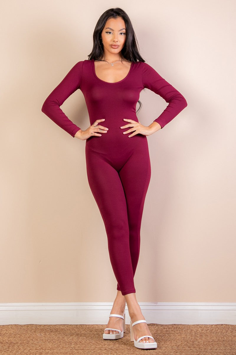Scoop Neck Long Sleeve Bodycon Yoga Jumpsuit
