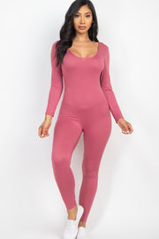 Scoop Neck Long Sleeve Bodycon Yoga Jumpsuit