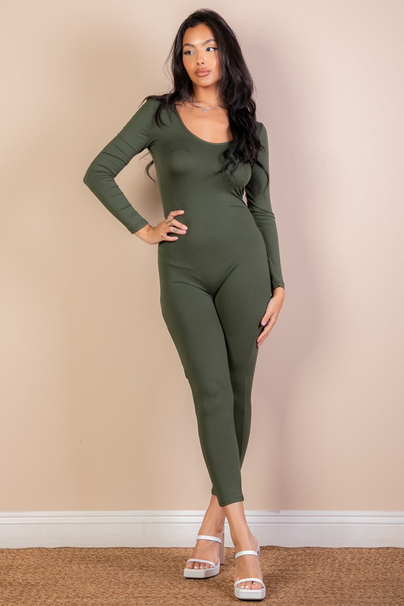 Scoop Neck Long Sleeve Bodycon Yoga Jumpsuit