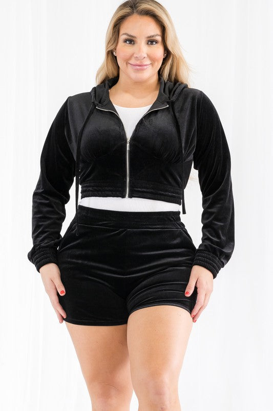 Velour Crop Zip Up Hoodie and Shorts Set