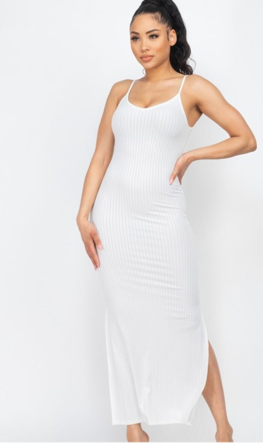 Ribbed Side Slit Long Cami Dress