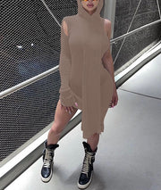 No Fears Inclined Shoulder Solid Coloured Hooded Dresses