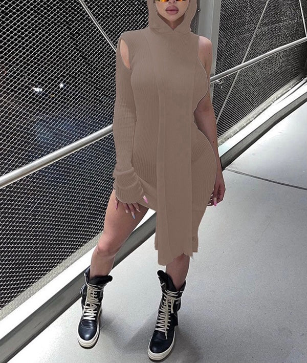 No Fears Inclined Shoulder Solid Coloured Hooded Dresses