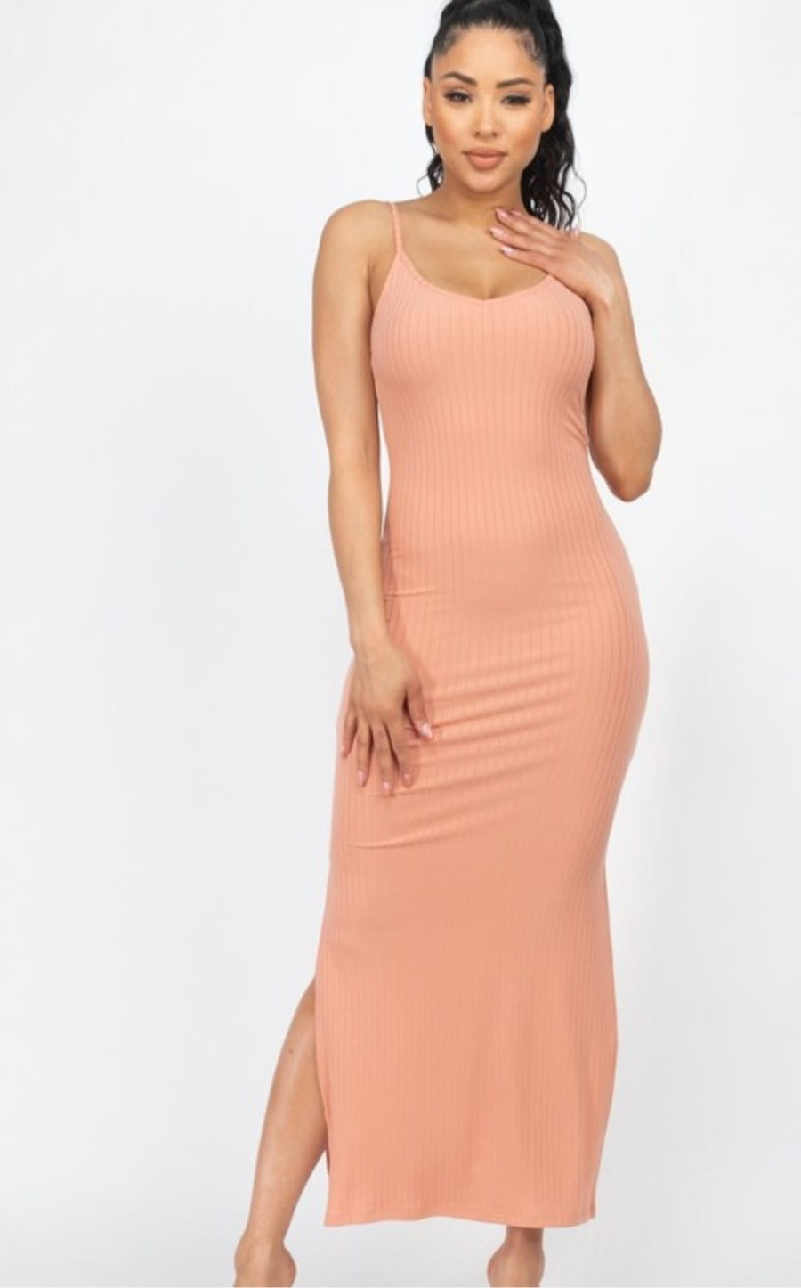 Ribbed Side Slit Long Cami Dress