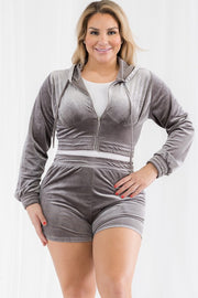 Velour Crop Zip Up Hoodie and Shorts Set