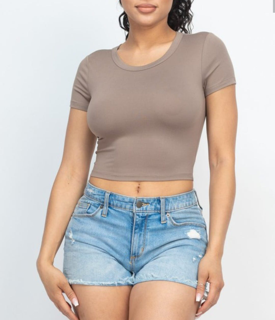 Hold Me Close Taupe Short Sleeve Round Neck Cropped Tee