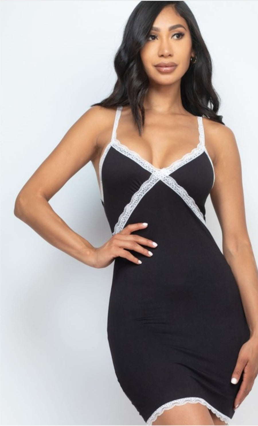 Ruched Bodycon Lace Detail Strap Mini Dress