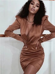 Coffee Charms Long Sleeve Ruched V Neck Dresses