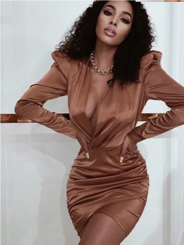 Coffee Charms Long Sleeve Ruched V Neck Dresses