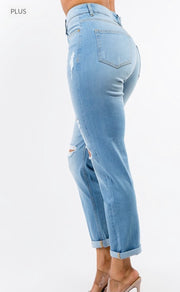 Light Blue PLUS SIZE HIGH WAIST DISTRESSED BOYFRIEND JEANS