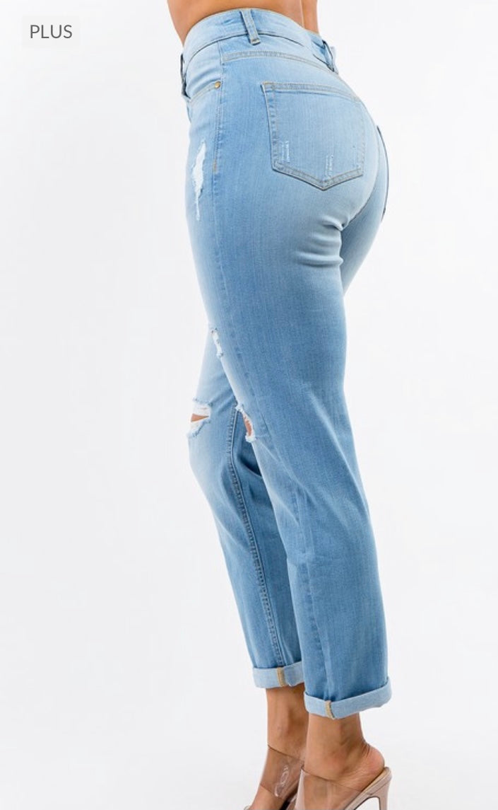 Light Blue PLUS SIZE HIGH WAIST DISTRESSED BOYFRIEND JEANS