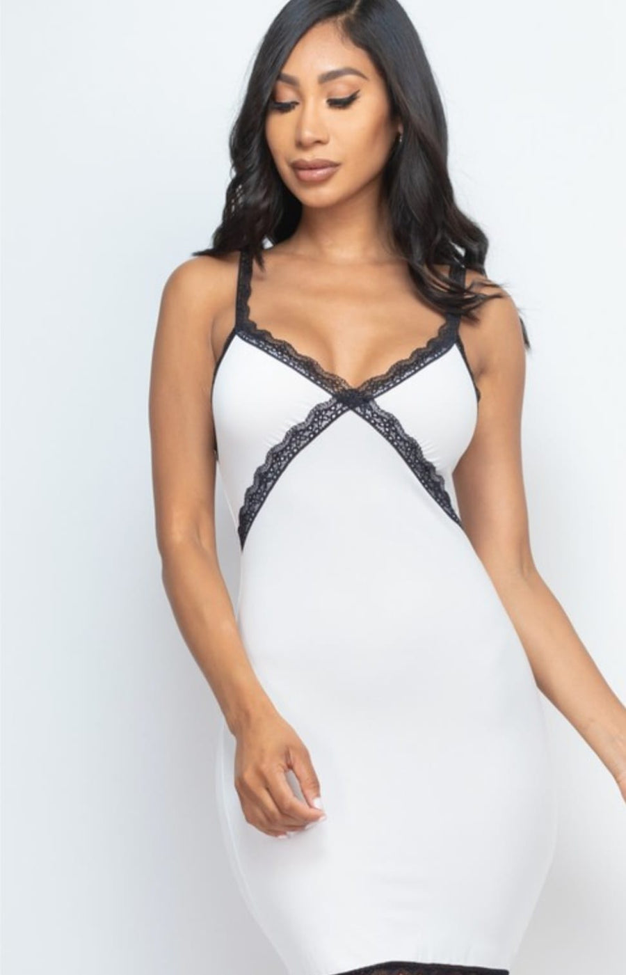 Ruched Bodycon Lace Detail Strap Mini Dress
