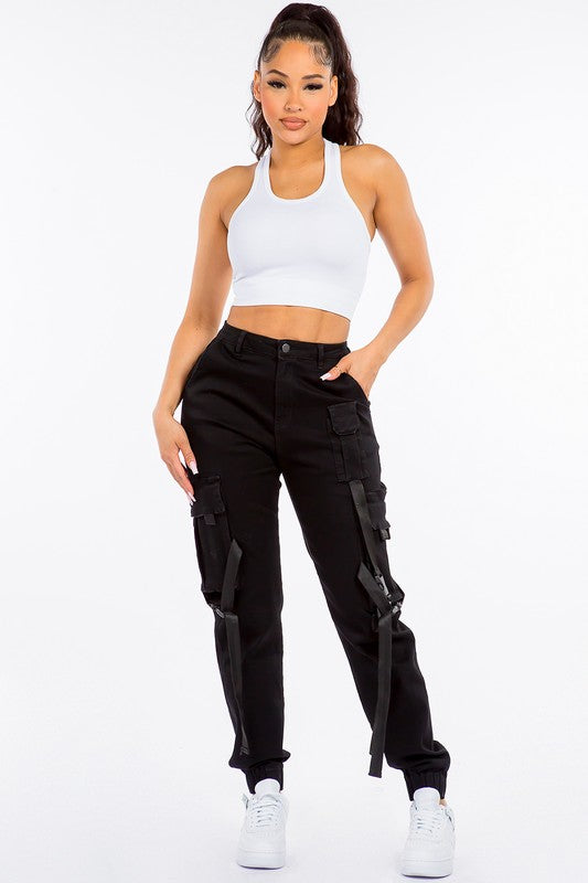 High Waist Cargo Style. Denim Joggers