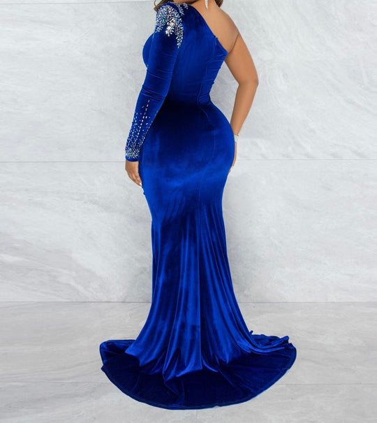 Inclined Shoulder Rhinestone Maxi Dresses