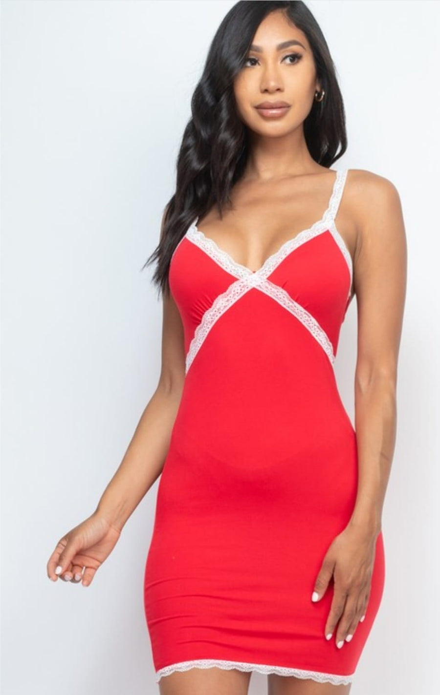 Ruched Bodycon Lace Detail Strap Mini Dress