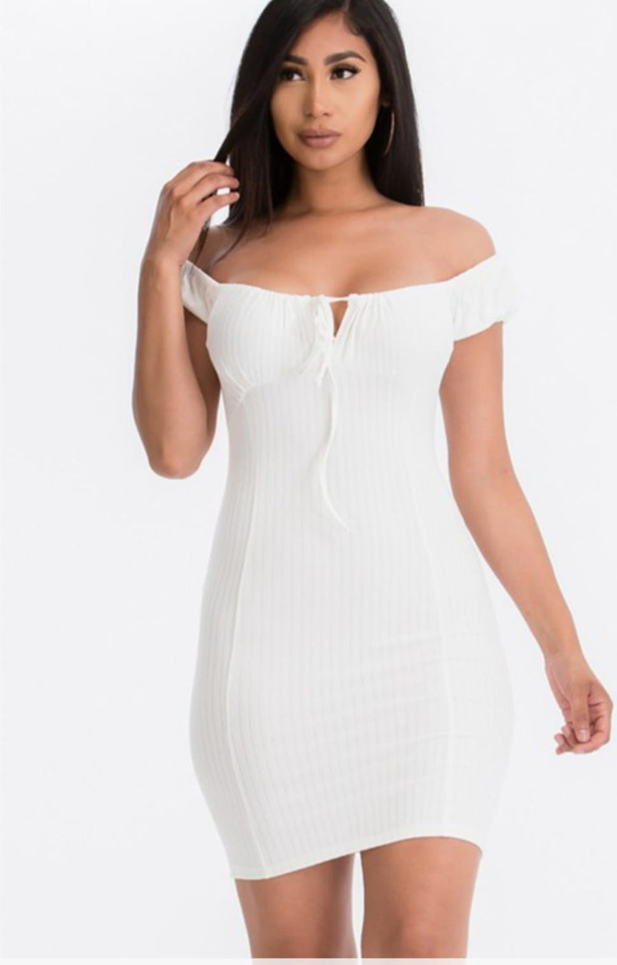 Strap tie Off Shoulder Ribbed Bodycon Dress