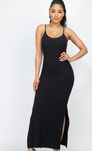 Ribbed Side Slit Long Cami Dress