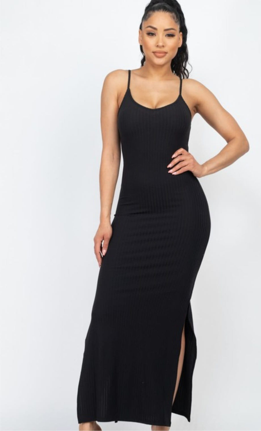 Ribbed Side Slit Long Cami Dress
