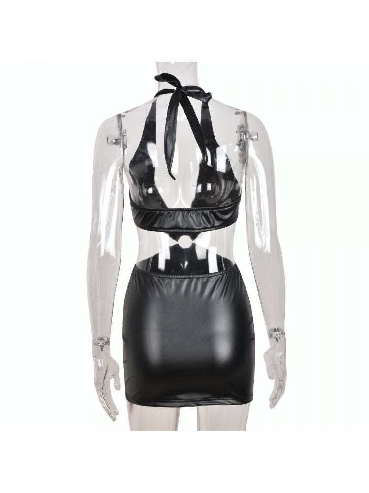 Black Backless PU Mini Dresses