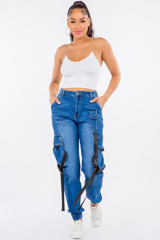 High Waist Cargo Style. Denim Joggers