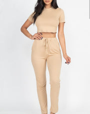Khaki Secrets Mock Neck Crop Top And Pants Set