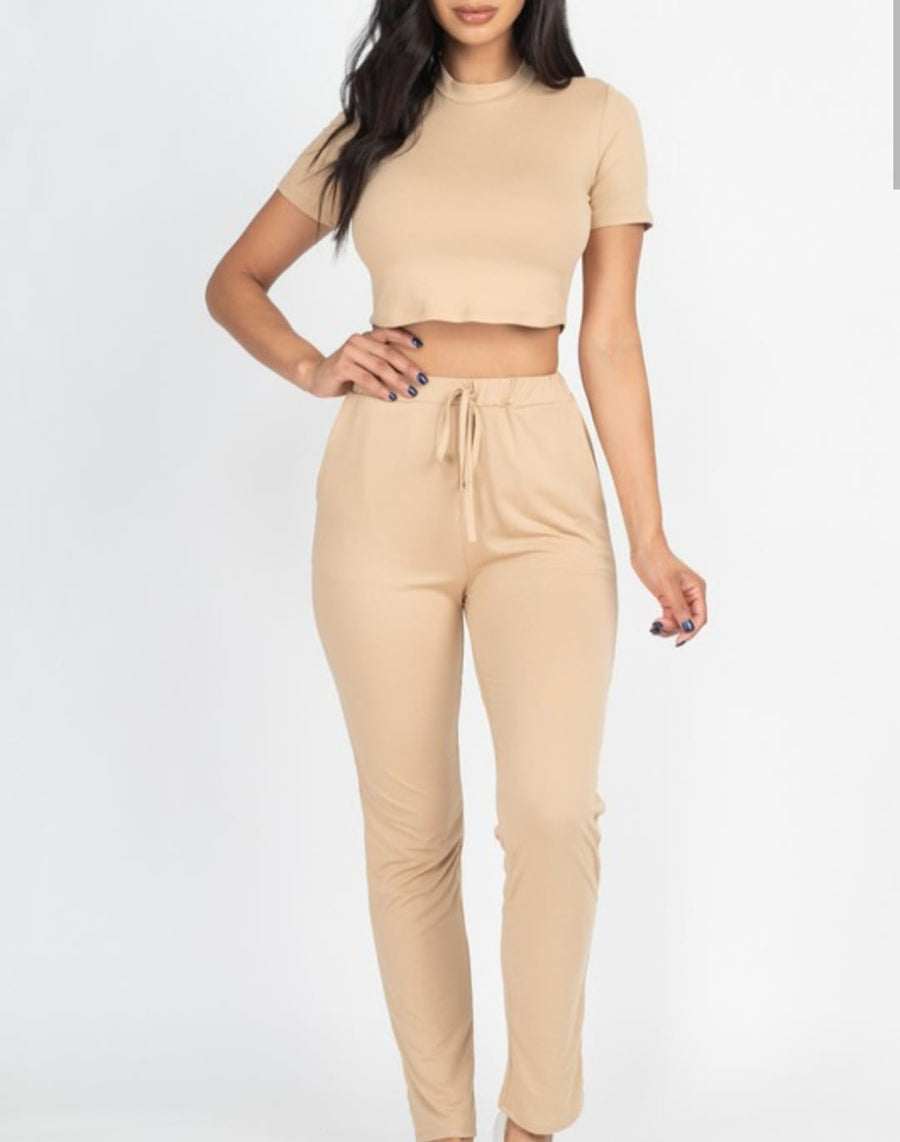 Khaki Secrets Mock Neck Crop Top And Pants Set