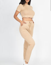 Khaki Secrets Mock Neck Crop Top And Pants Set