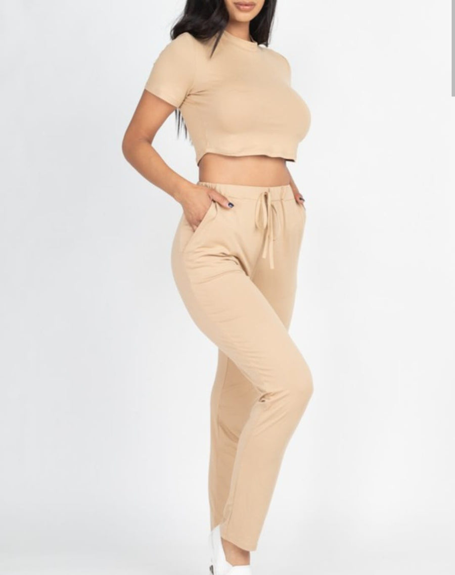 Khaki Secrets Mock Neck Crop Top And Pants Set
