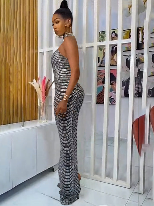 Gauze See Through Rhinestone Backless Maxi Dress