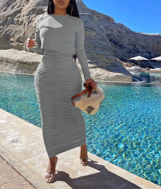 Casual Vibe Solid Coloured Long Sleeve Ruched Skirt Sets