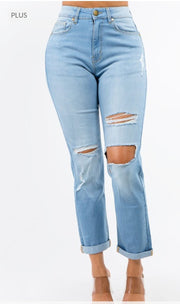 Light Blue PLUS SIZE HIGH WAIST DISTRESSED BOYFRIEND JEANS