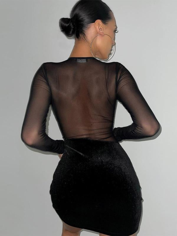 I Am The I Am Sexy Black Gauze Patchwork Long Sleeve Dresses