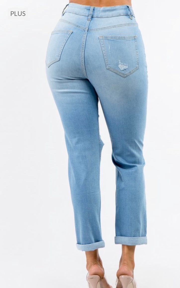 Light Blue PLUS SIZE HIGH WAIST DISTRESSED BOYFRIEND JEANS