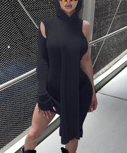 No Fears Inclined Shoulder Solid Coloured Hooded Dresses