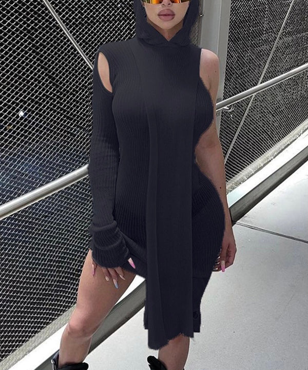 No Fears Inclined Shoulder Solid Coloured Hooded Dresses