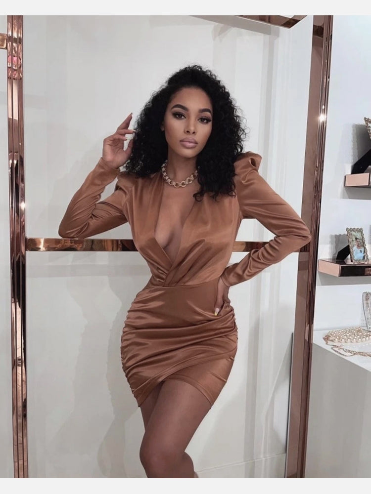 Coffee Charms Long Sleeve Ruched V Neck Dresses
