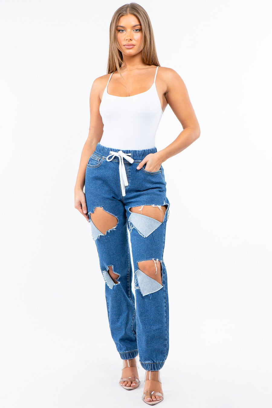 PLUS SIZE HIGH WAIST CUT OUT DENIM JOGGERS