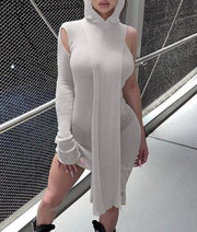 No Fears Inclined Shoulder Solid Coloured Hooded Dresses
