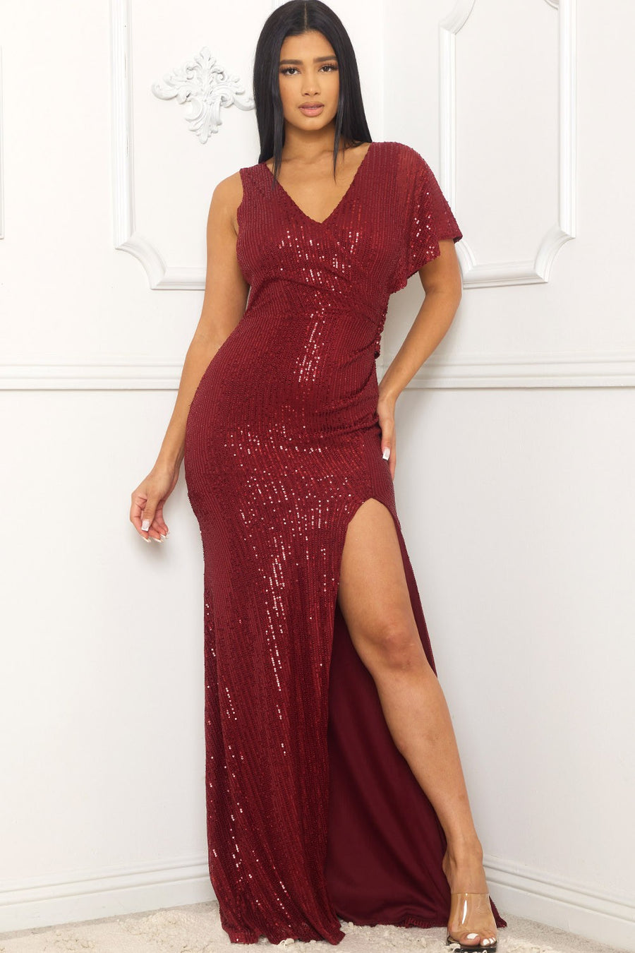SEQUIN SURPLICE NECKLINE MAXI DRESS