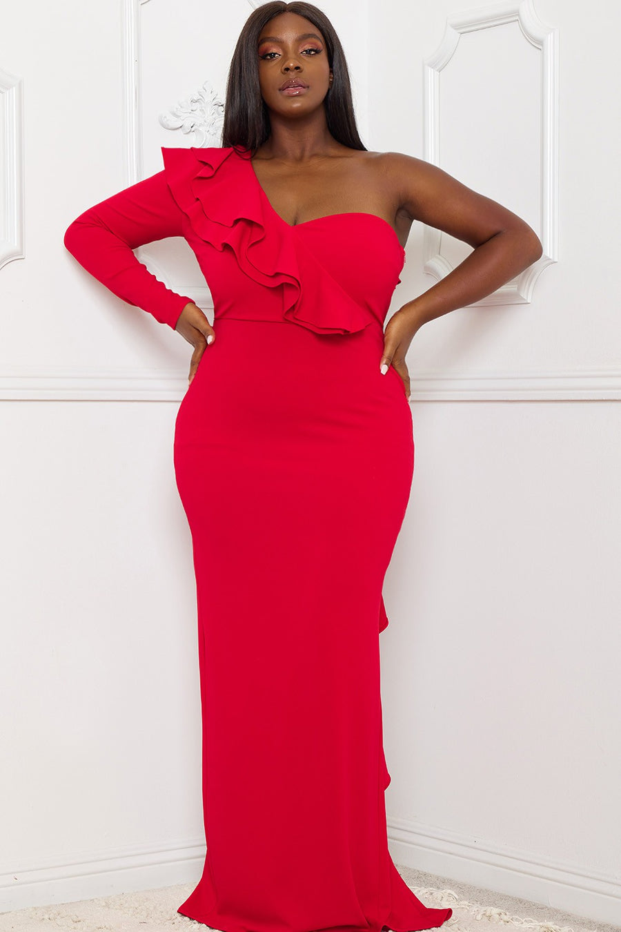 DOUBLE RUFFLE DETAIL PLUS SIZE MAXI DRESS