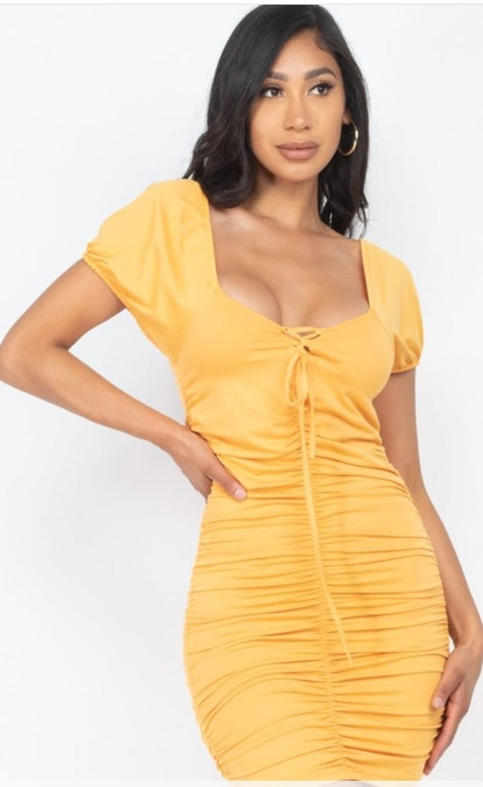 Front Lace Ruched Drawstring Ribbon Mini Dresses