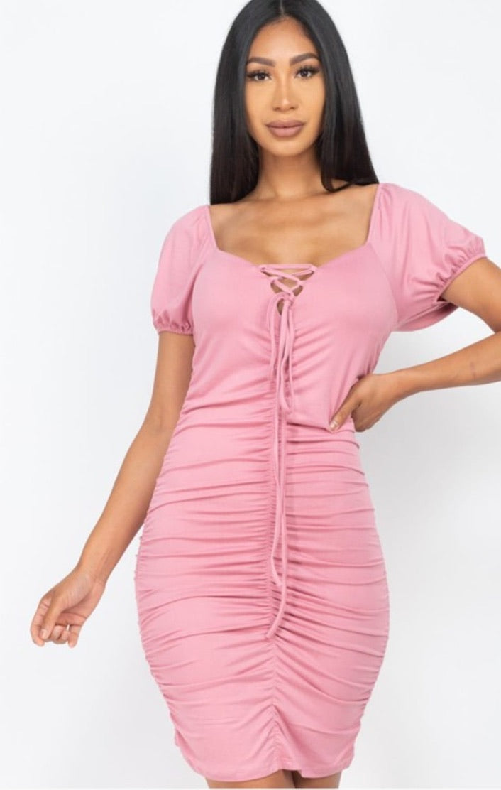 Front Lace Ruched Drawstring Ribbon Mini Dresses