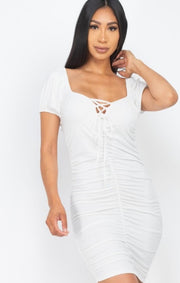Front Lace Ruched Drawstring Ribbon Mini Dresses
